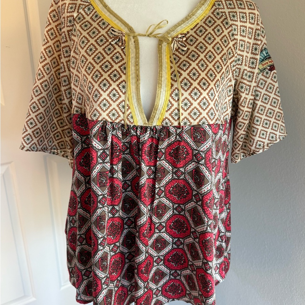 Odd Molly Mixed Print V-Neck Tunic in Red, Tan & Yellow Trim Size 2